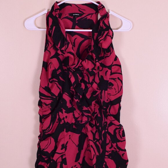 Express Women's Pink & Black Floral Ruffle Sleeveless Top Party Club Cocktail M - Picture 2 of 9
